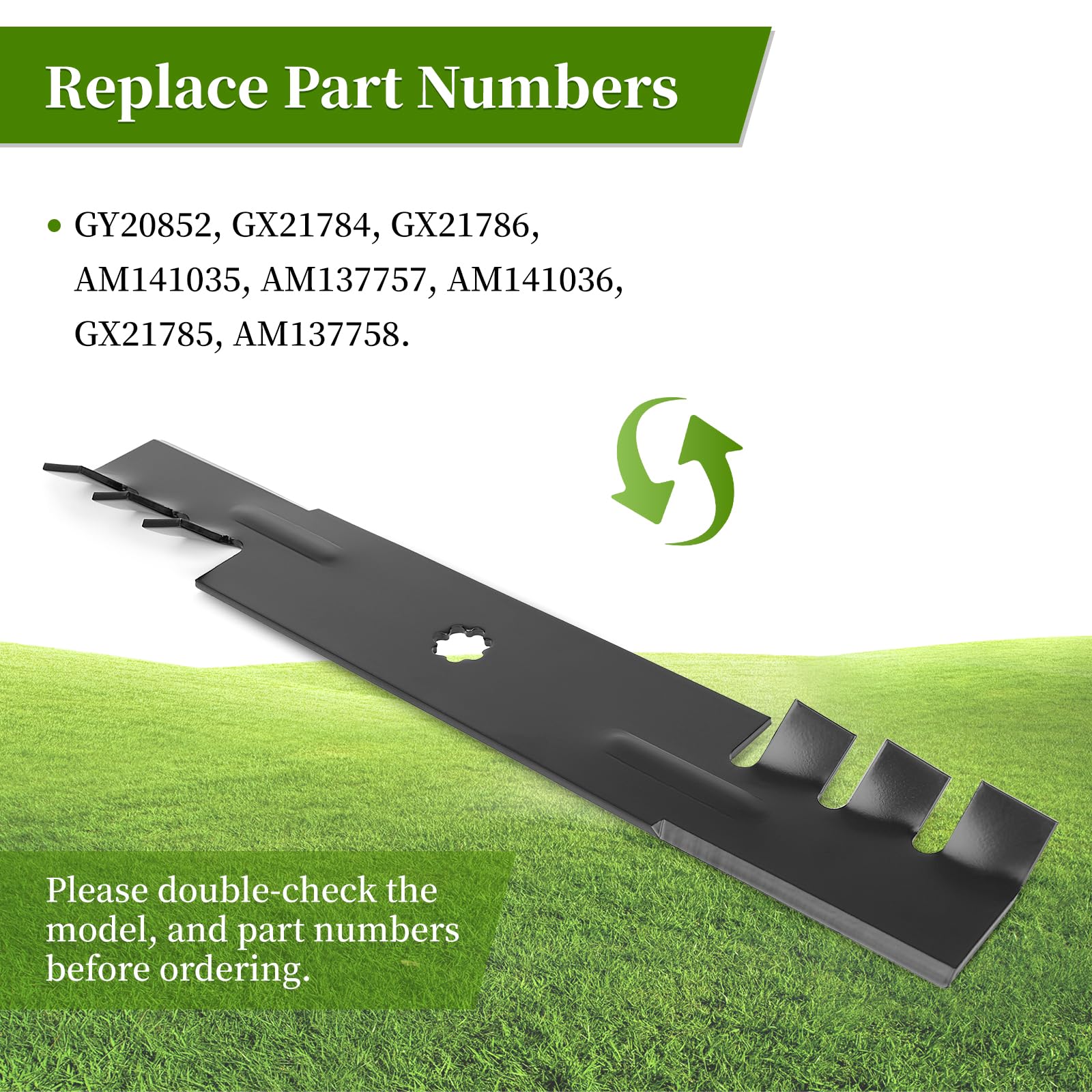 Ecreban blades mounted under a 48-inch deck demonstrating cleaner mulch benefit