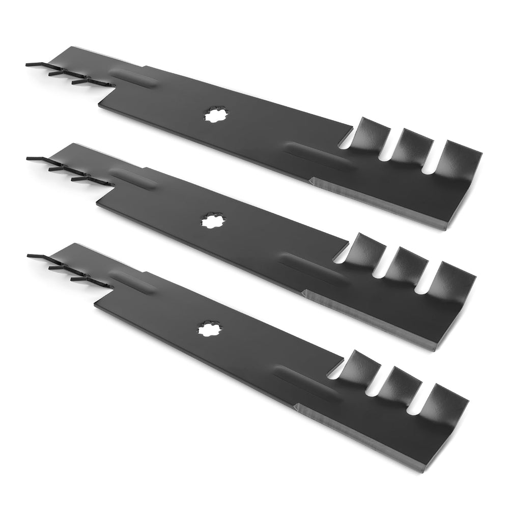 Ecreban front view of three mulching blades showing fit and shape benefits