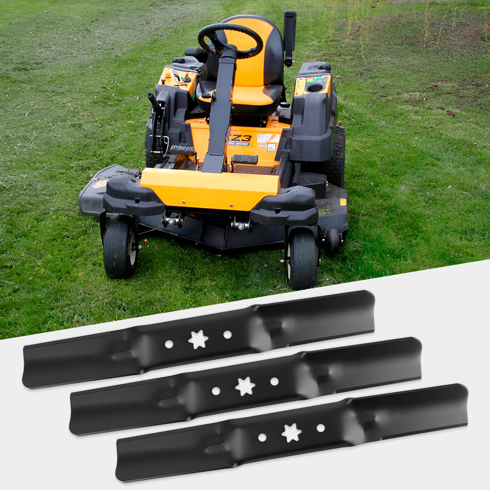 Ecreban blades on a lawn tractor cutting grass for improved lawn finish