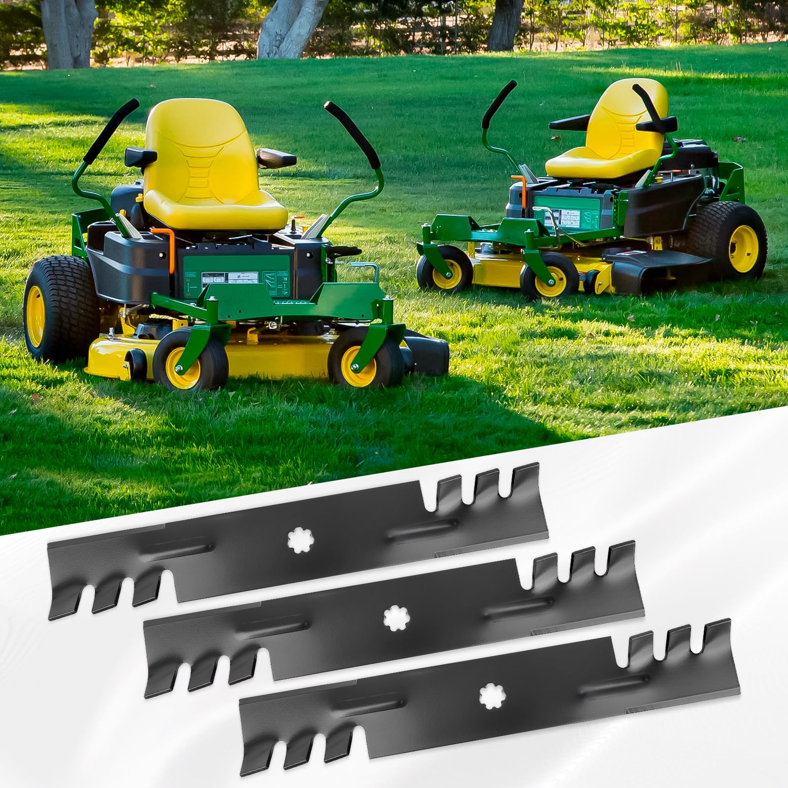 Ecreban blades on a riding mower in yard showing time-saving mowing benefit