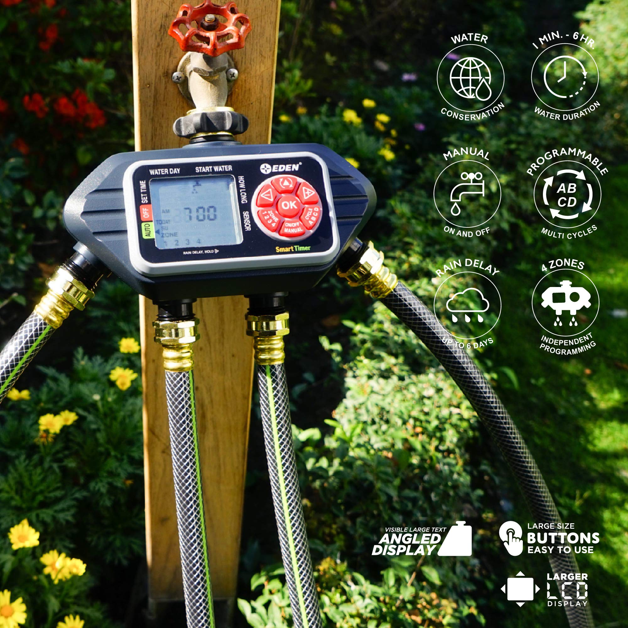 Eden 93413 installed on outdoor faucet enabling four-zone control