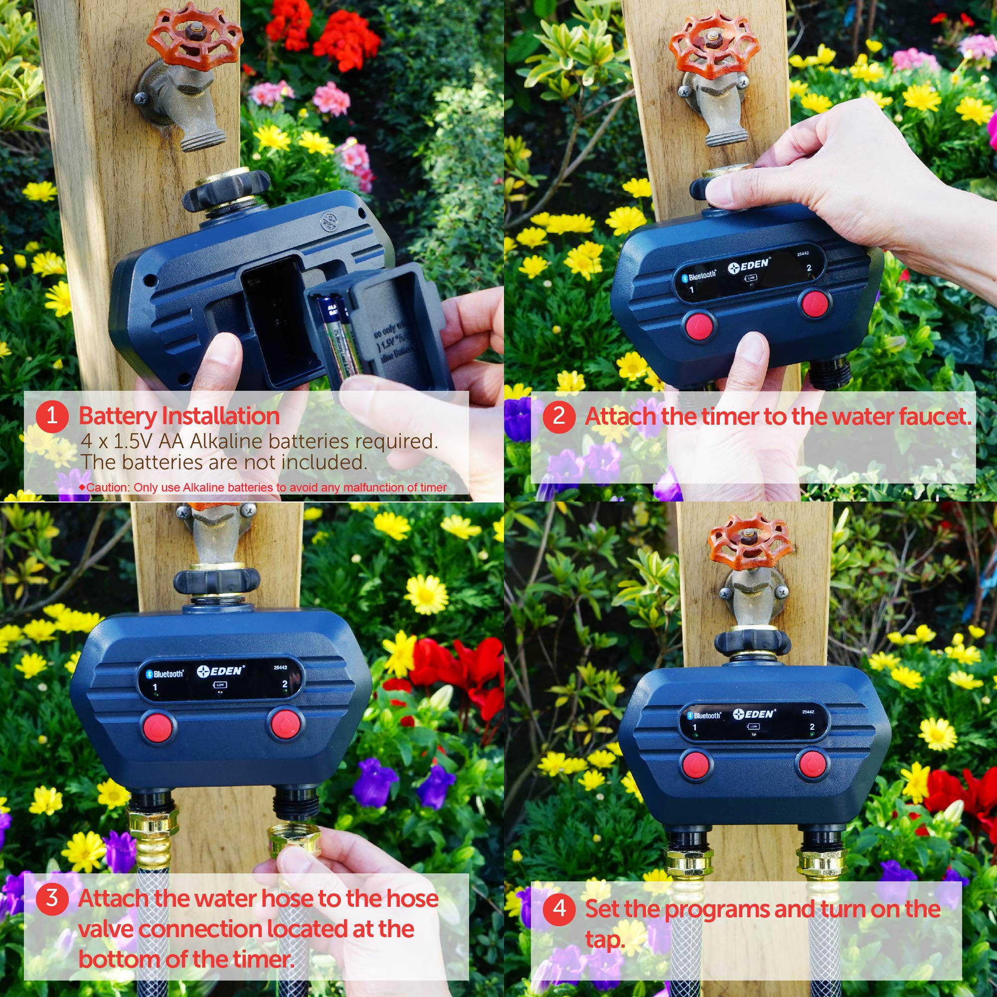Eden 93442 installed on garden faucet controlling two separate planting zones