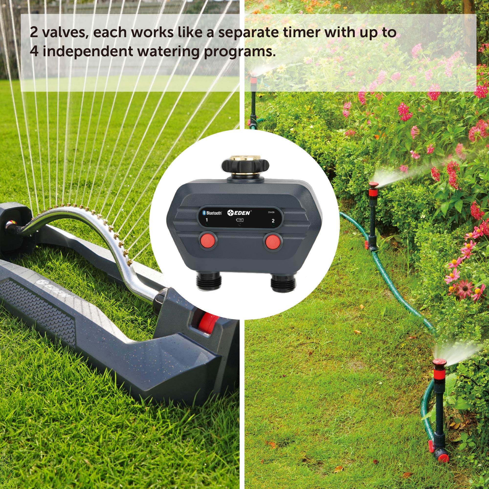Close-up of Eden 93442 manual control and labeling for quick on-demand watering
