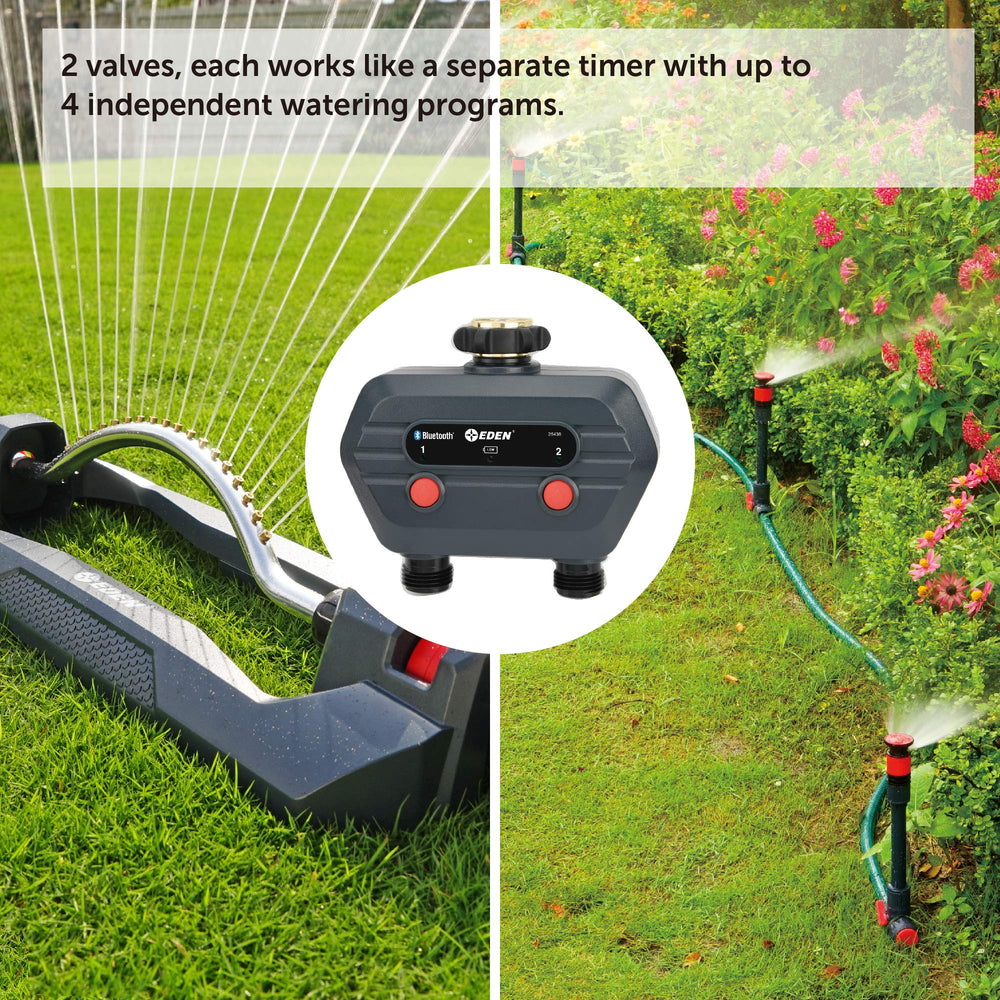 Close-up of Eden 93442 manual control and labeling for quick on-demand watering