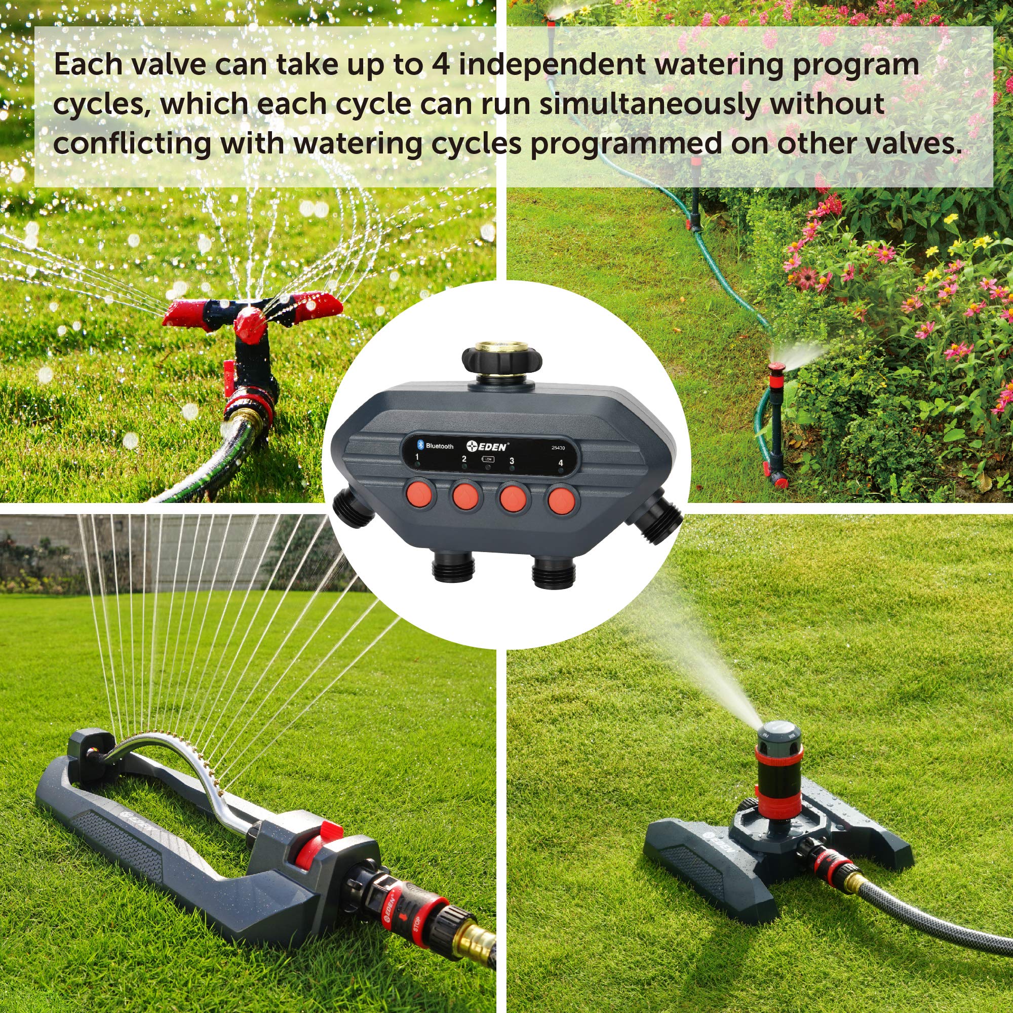 Eden timer installed in garden with flower beds showing automated watering efficiency