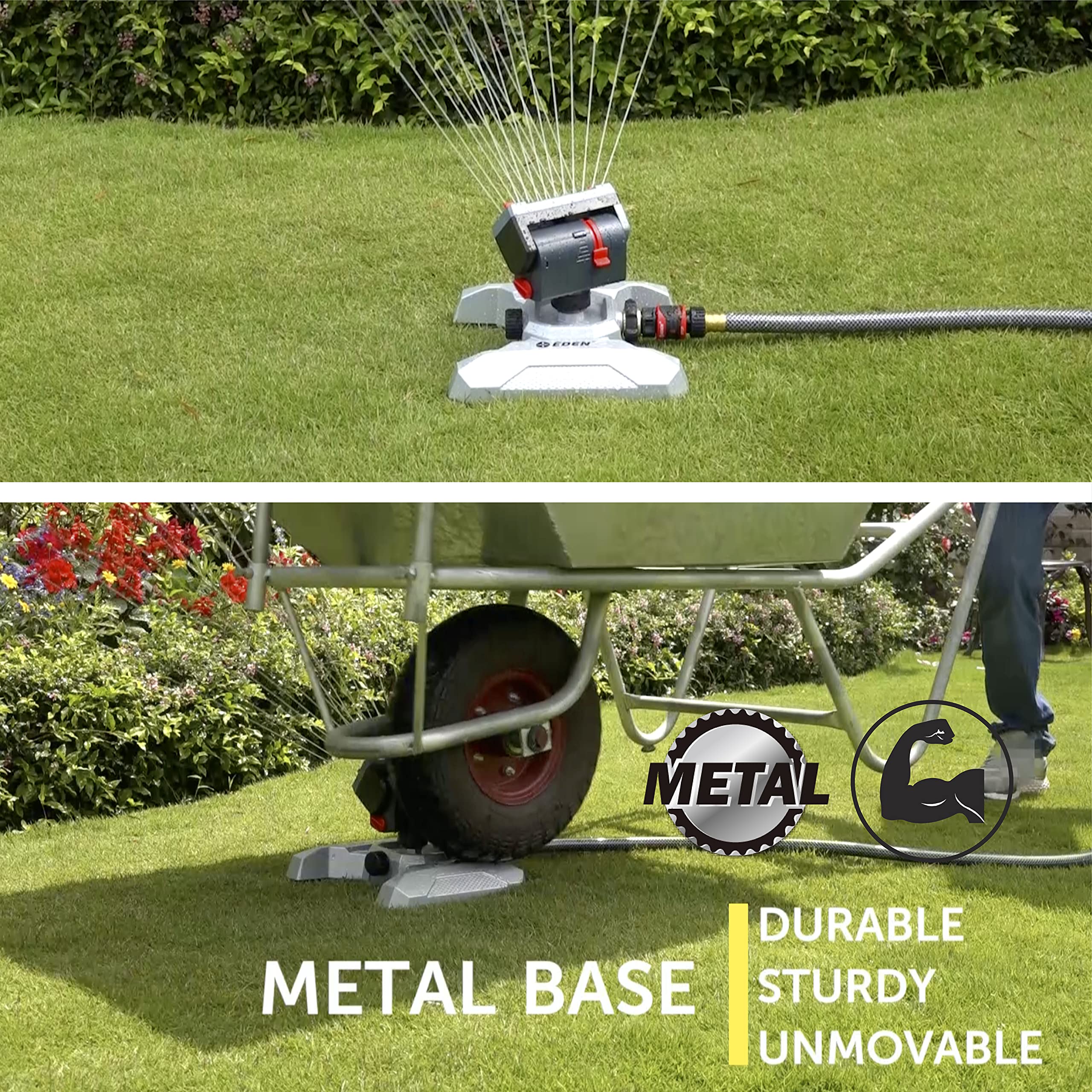 Eden sprinkler in use covering a lawn area for efficient, uniform irrigation