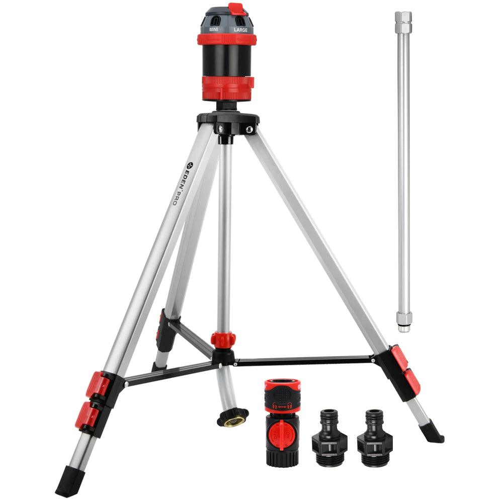 Eden sprinkler front view showing tripod and rotary head, durable stable watering