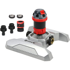 Eden metal-base sprinkler front view showing stable H-shaped base and six-pattern control benefit