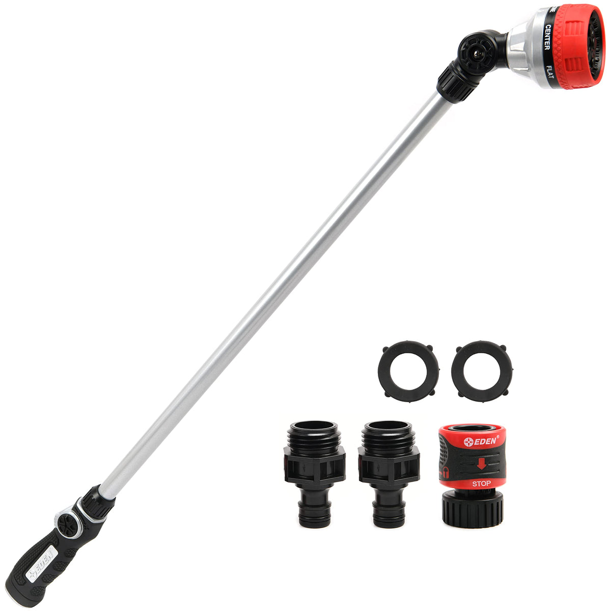 Eden metal watering wand front view showing spray head and length for precise reach