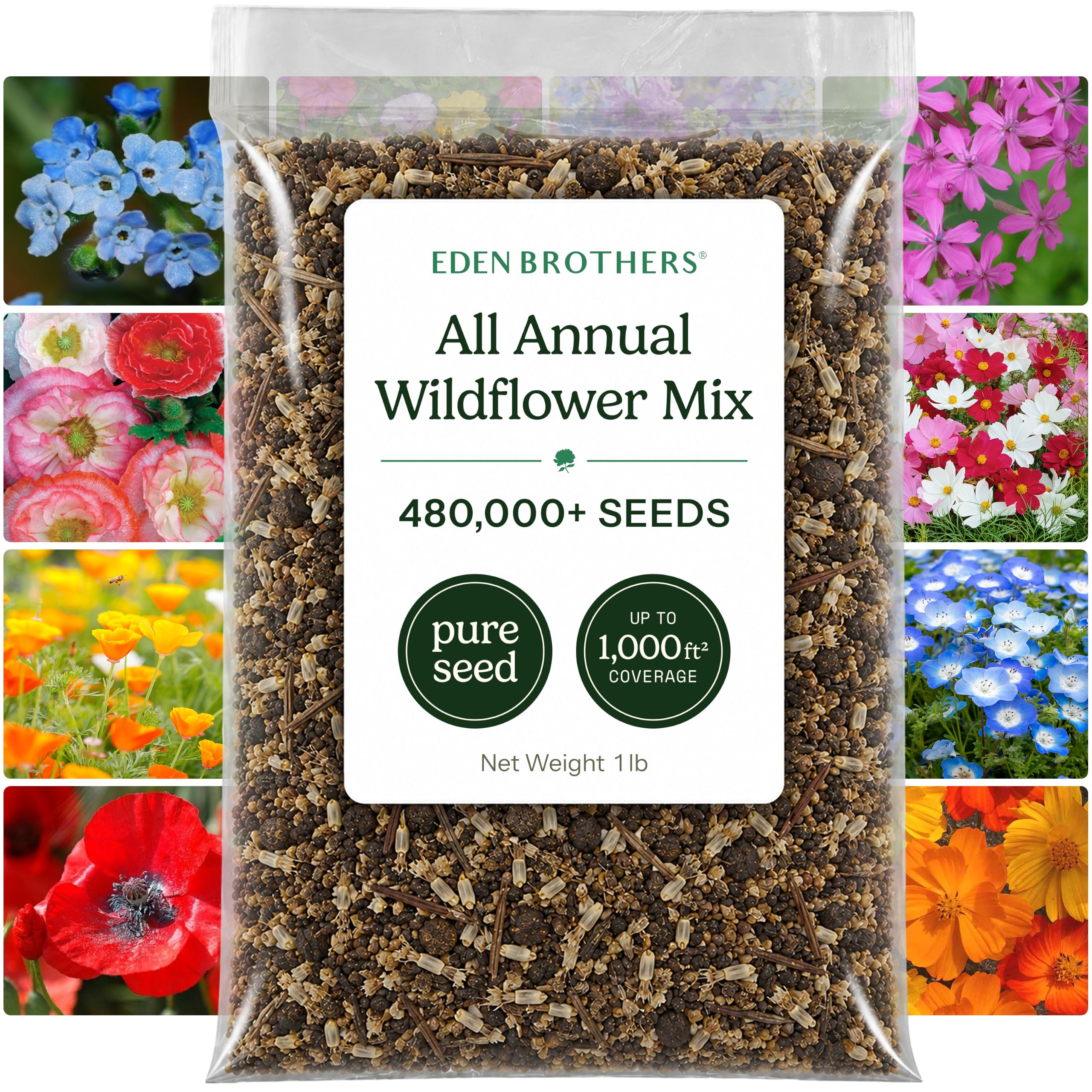 Eden Brothers front pouch showing 1 lb wildflower seed blend benefit easy planting