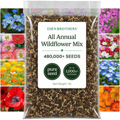 Eden Brothers front pouch showing 1 lb wildflower seed blend benefit easy planting