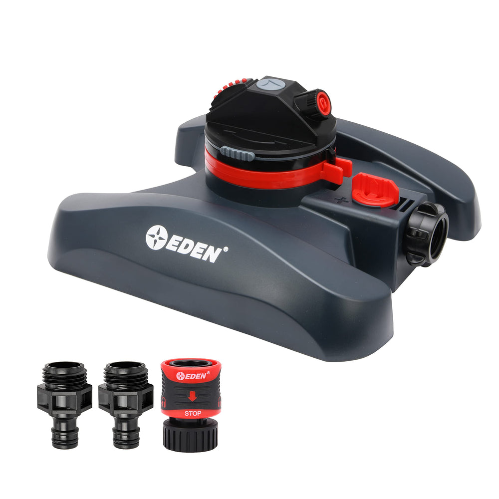 Eden sprinkler front view showing compact design and easy setup benefit
