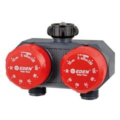Eden front view faucet-mounted timer showing dual outlets and benefits