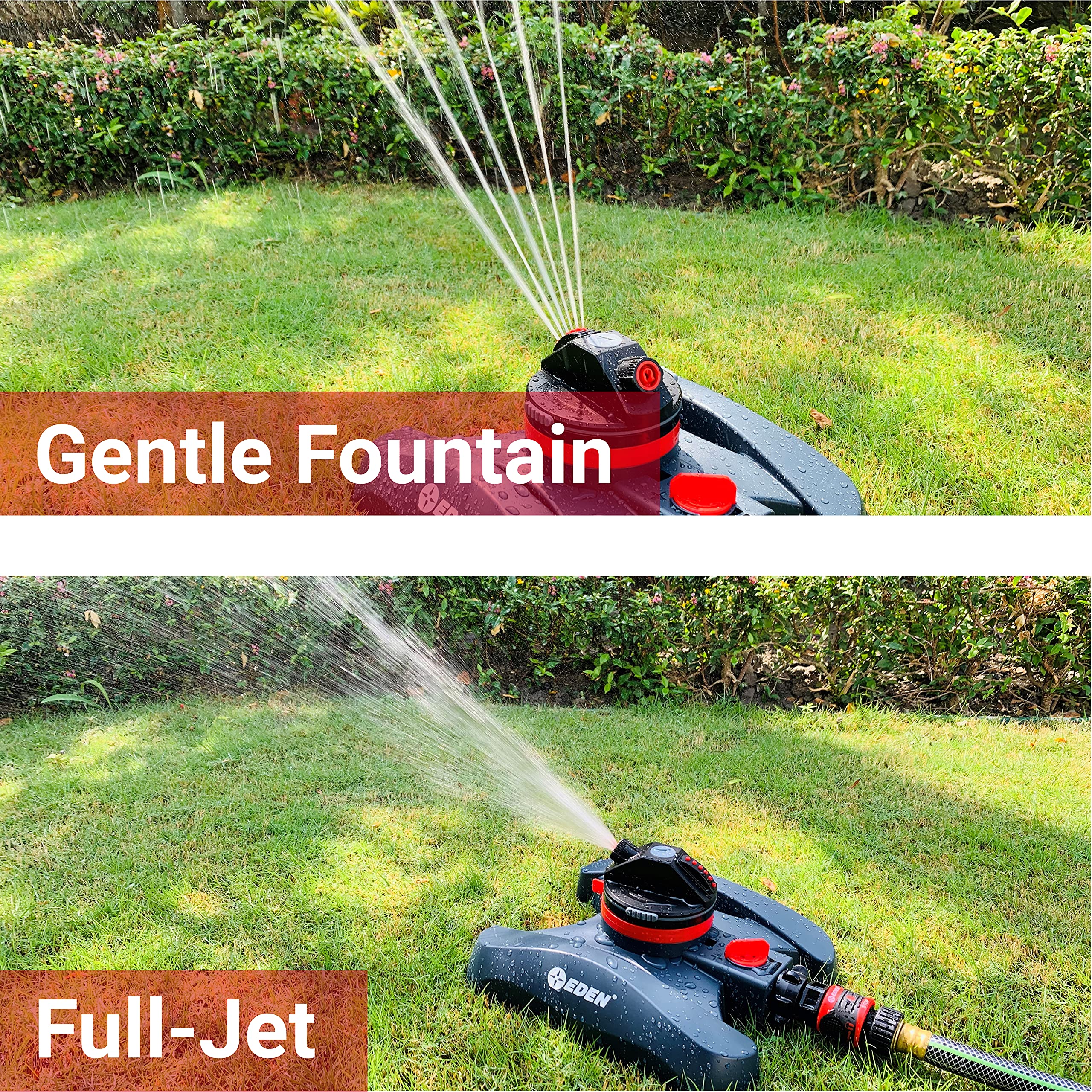 Eden sprinkler positioned on lawn watering grass evenly for coverage benefit