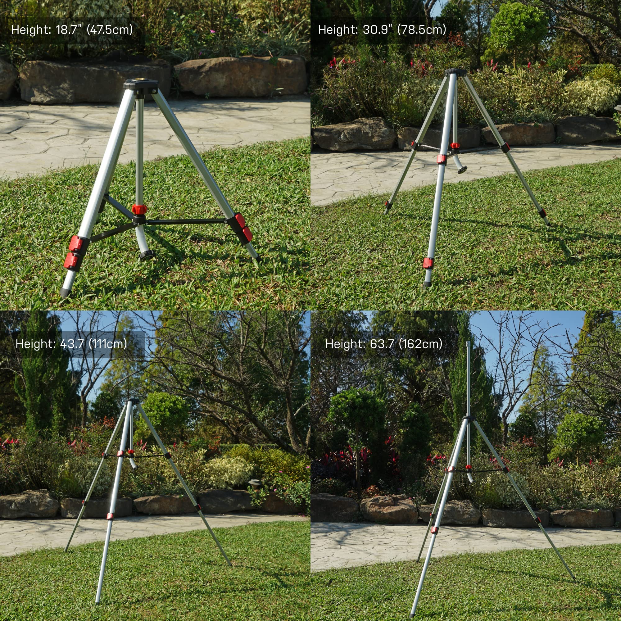 Eden tripod fully extended to 63 inches demonstrating reach over shrubs benefit