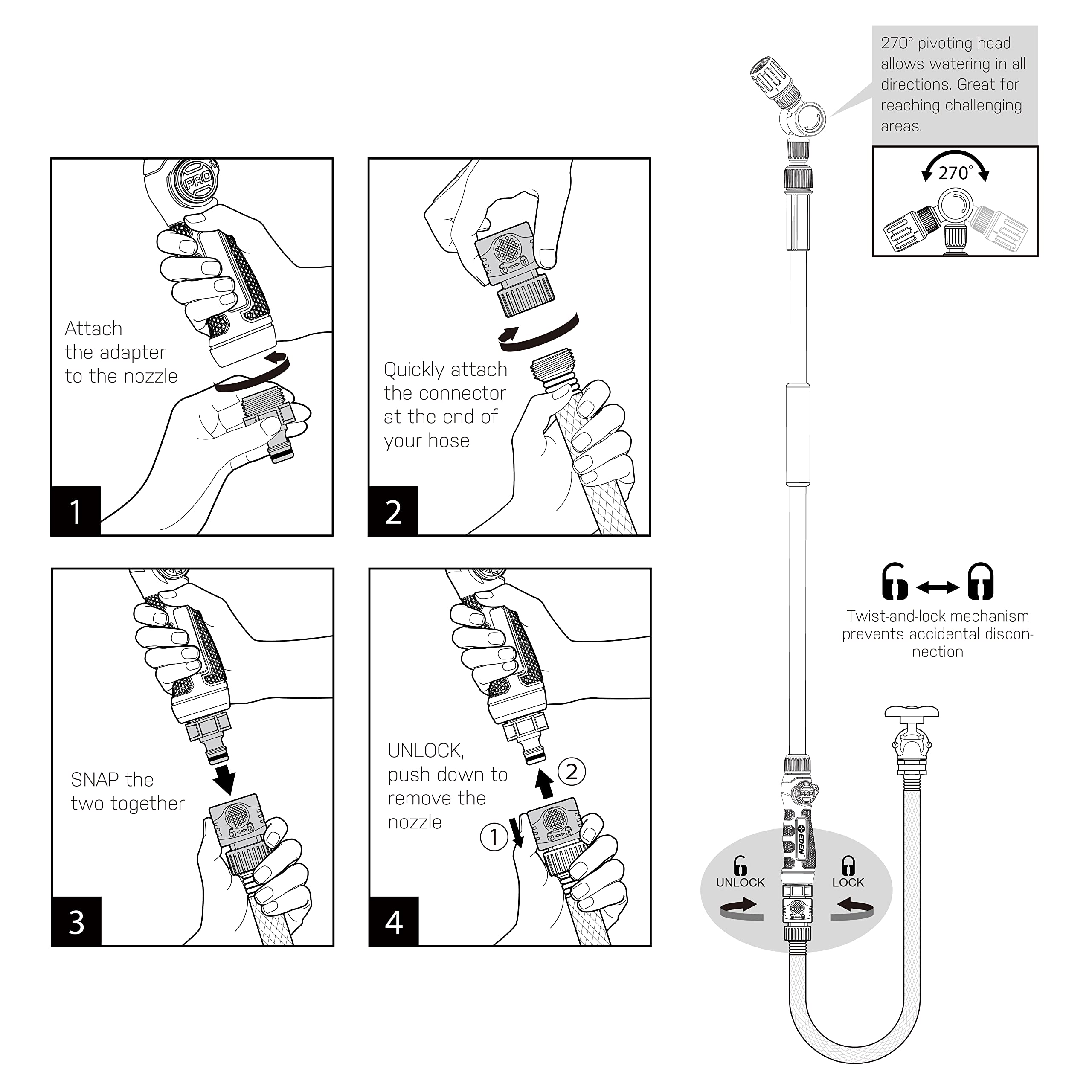 Eden quick-connect swivel detail preventing hose twist for smoother gardening