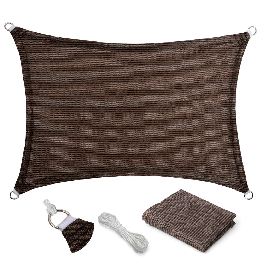 Eden's Decor front view of brown shade sail showing neat corners and benefit of durable coverage