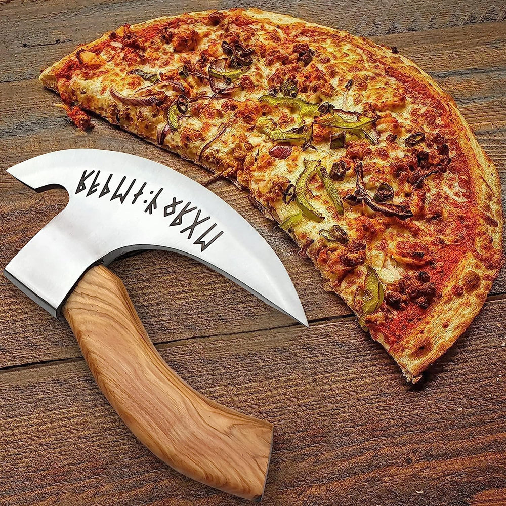 EdgeLandKnives front view of Viking pizza axe showing bold design and easy slicing