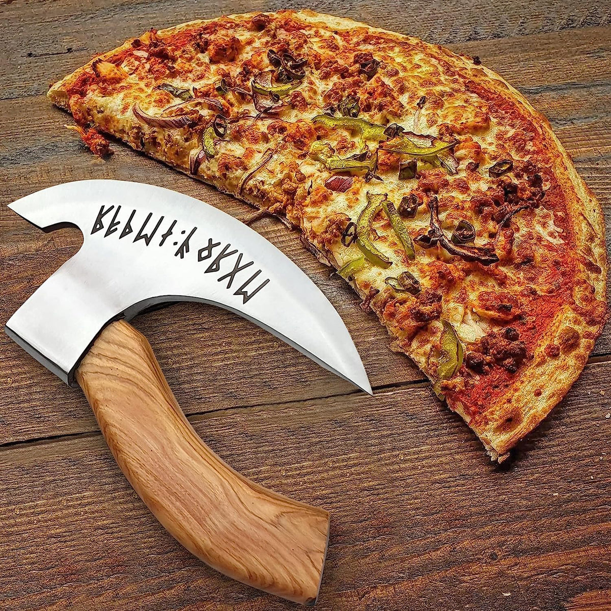 EdgeLandKnives front view of Viking pizza axe showing bold design and easy slicing