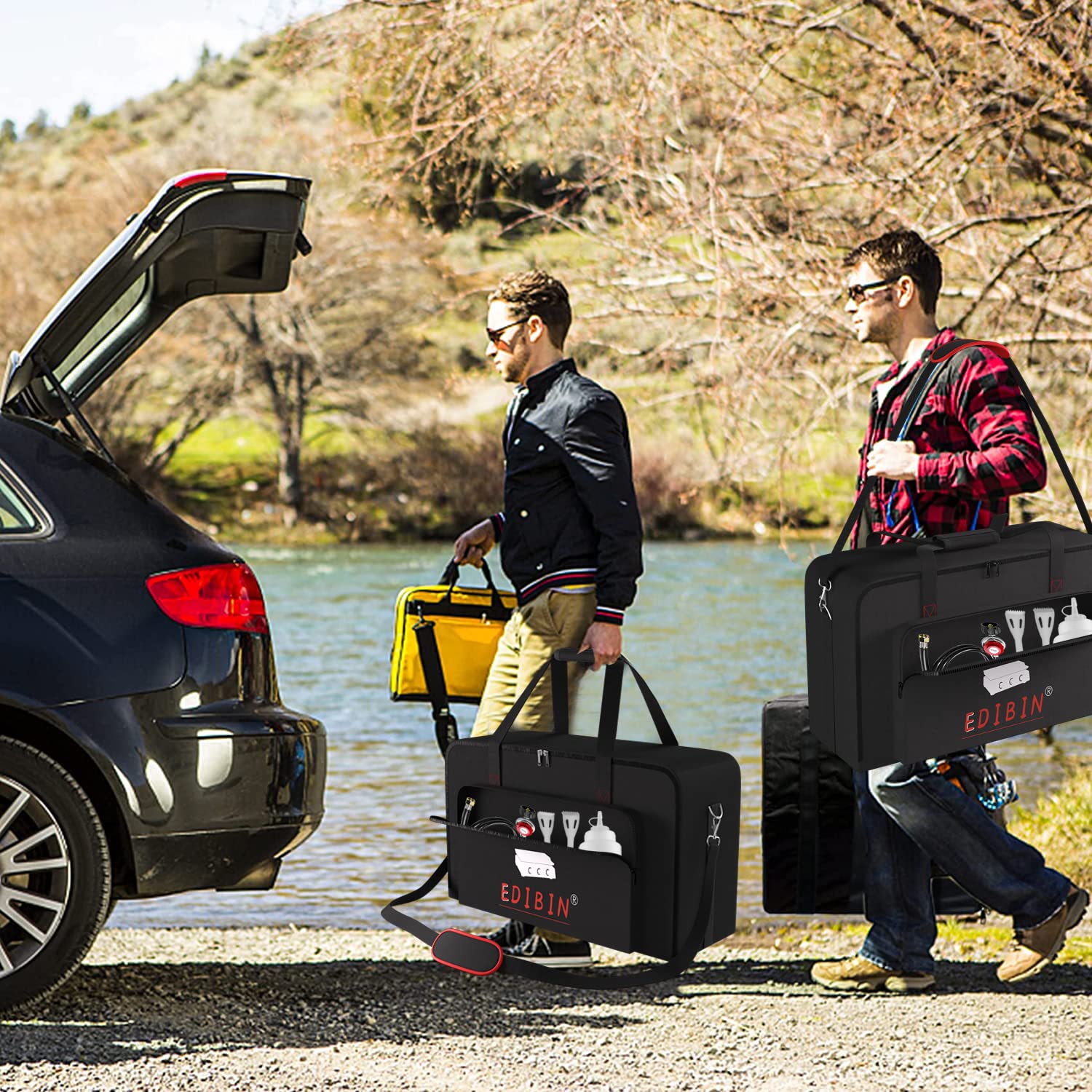 EDIBIN in use with shoulder strap carrying grill making transport effortless