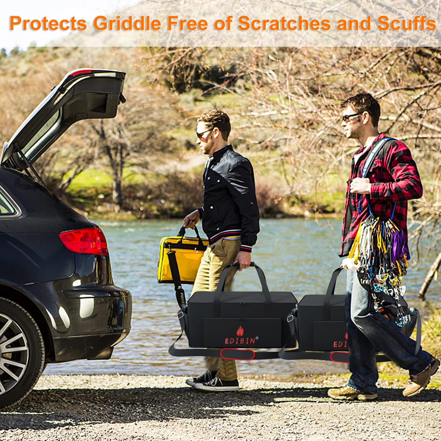 EDIBIN bag placed in car trunk showing compact fit, space-saving benefit