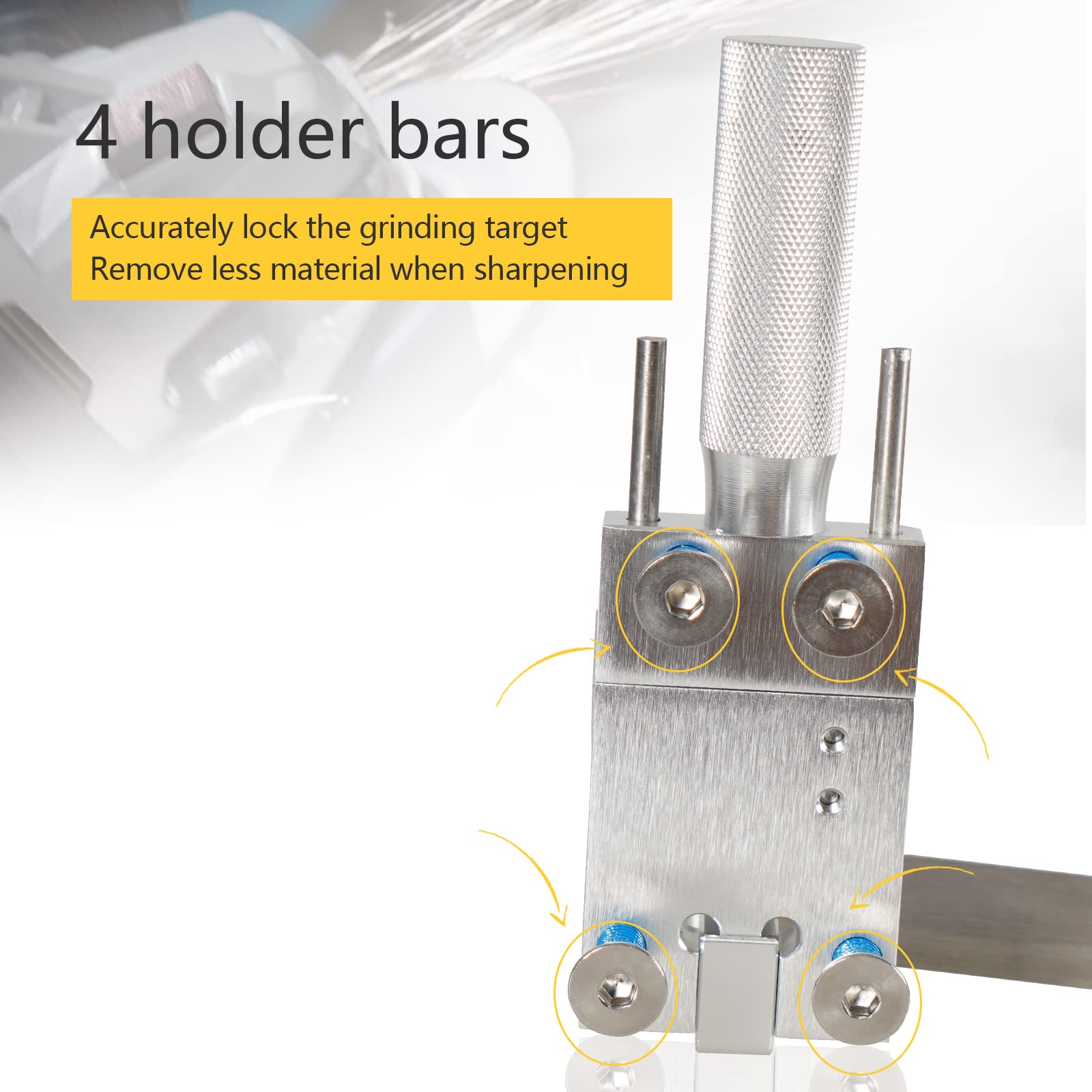 Edicapo vise clamping a mower blade close-up showing firm hold for consistent bevels