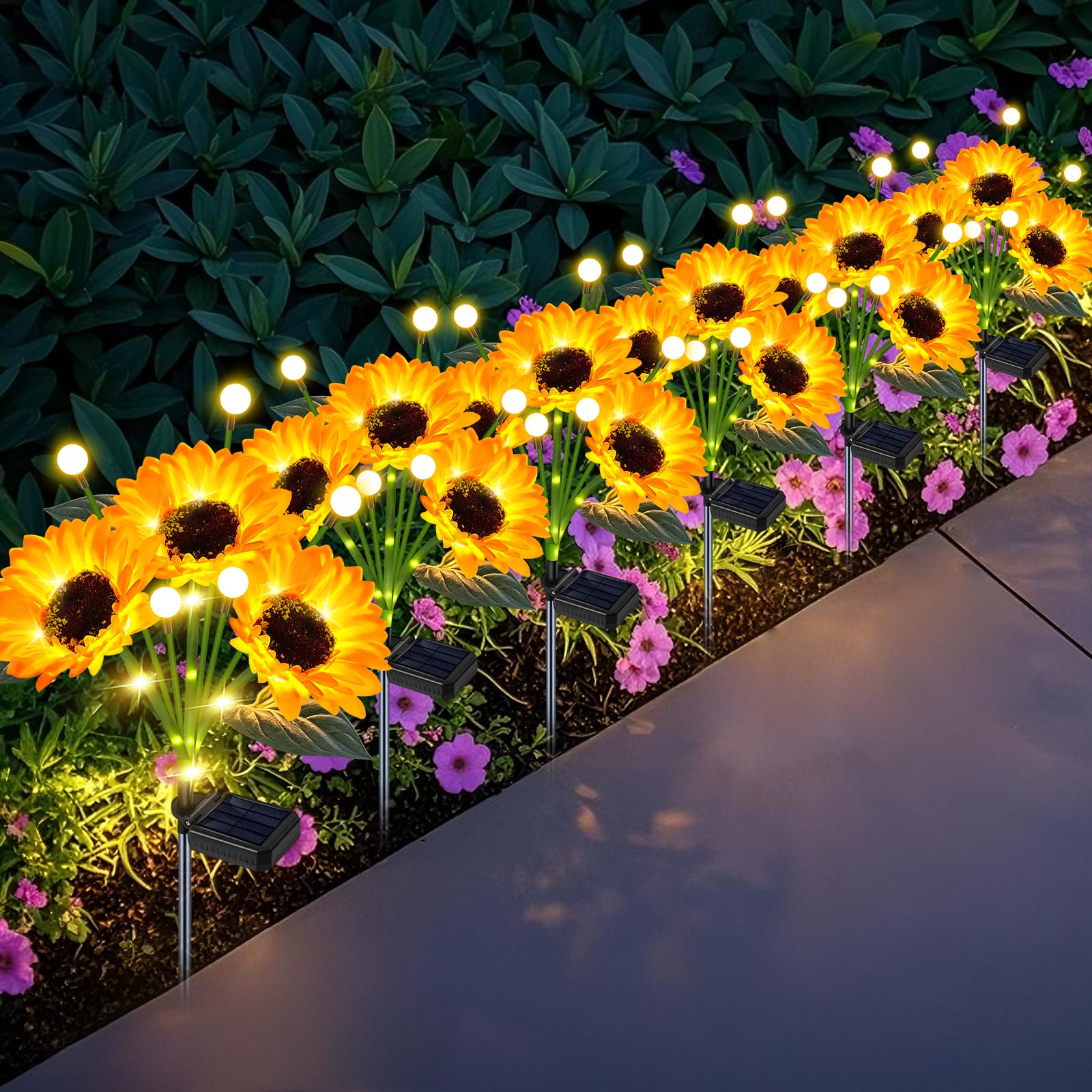 EDOF front view of sunflower stakes showing decorative blooms and benefits of warm lighting