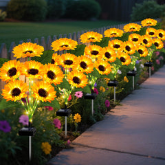 EDOF front view of six-pack sunflower stakes showing full garden effect and bright ambiance