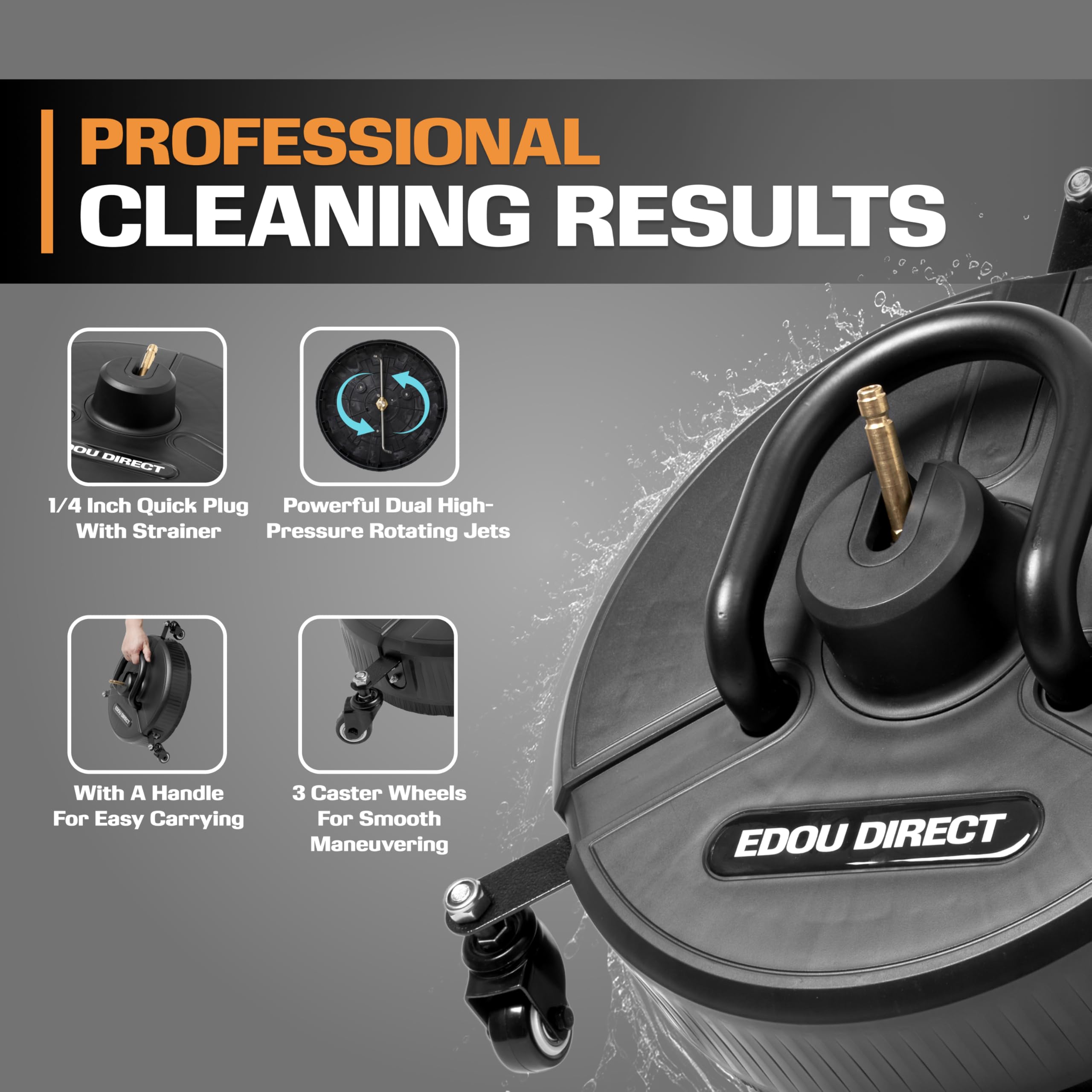 EDOU surface cleaner in use on driveway showing faster, more uniform cleaning