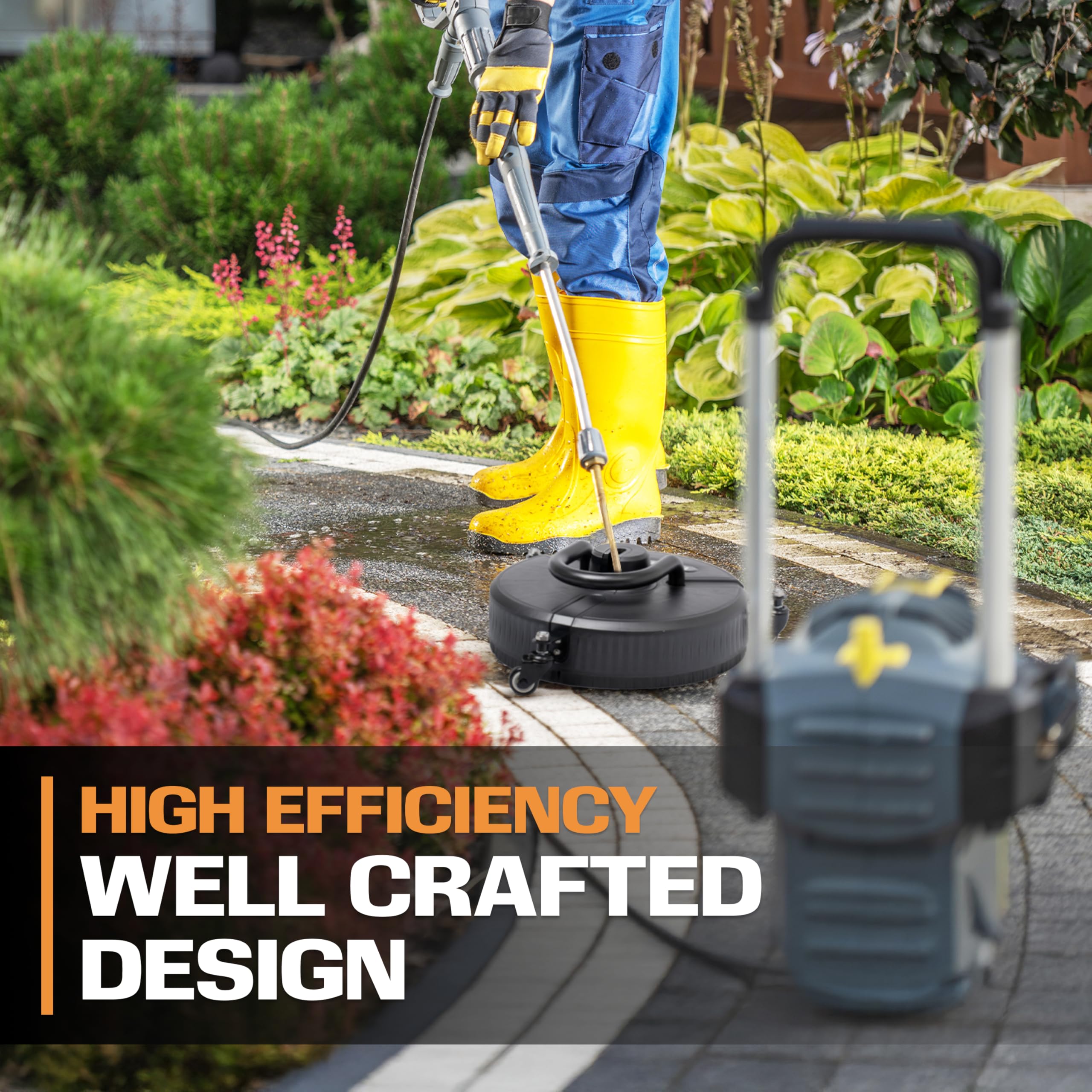 EDOU wheels and handle image illustrating easy maneuvering and reduced operator fatigue