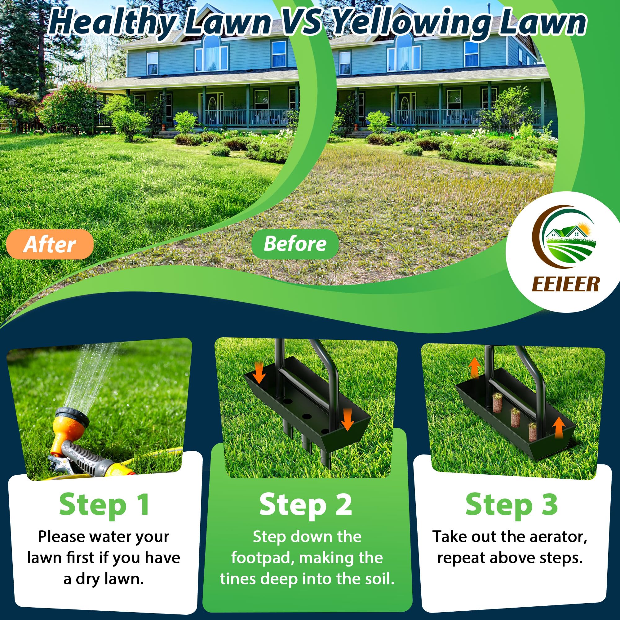 EEIEER user aerating lawn showing reduced back strain benefit