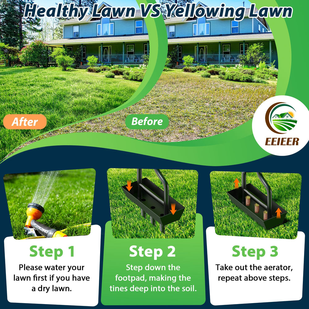EEIEER user aerating lawn showing reduced back strain benefit