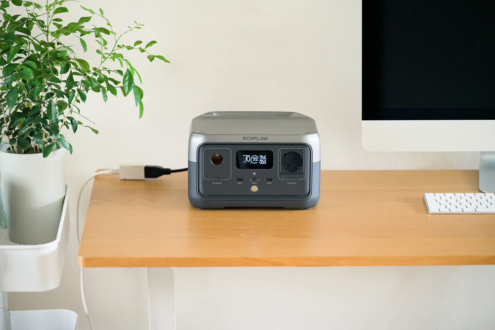 EF ECOFLOW RIVER 2 side ports closeup showing AC and USB outputs for device flexibility