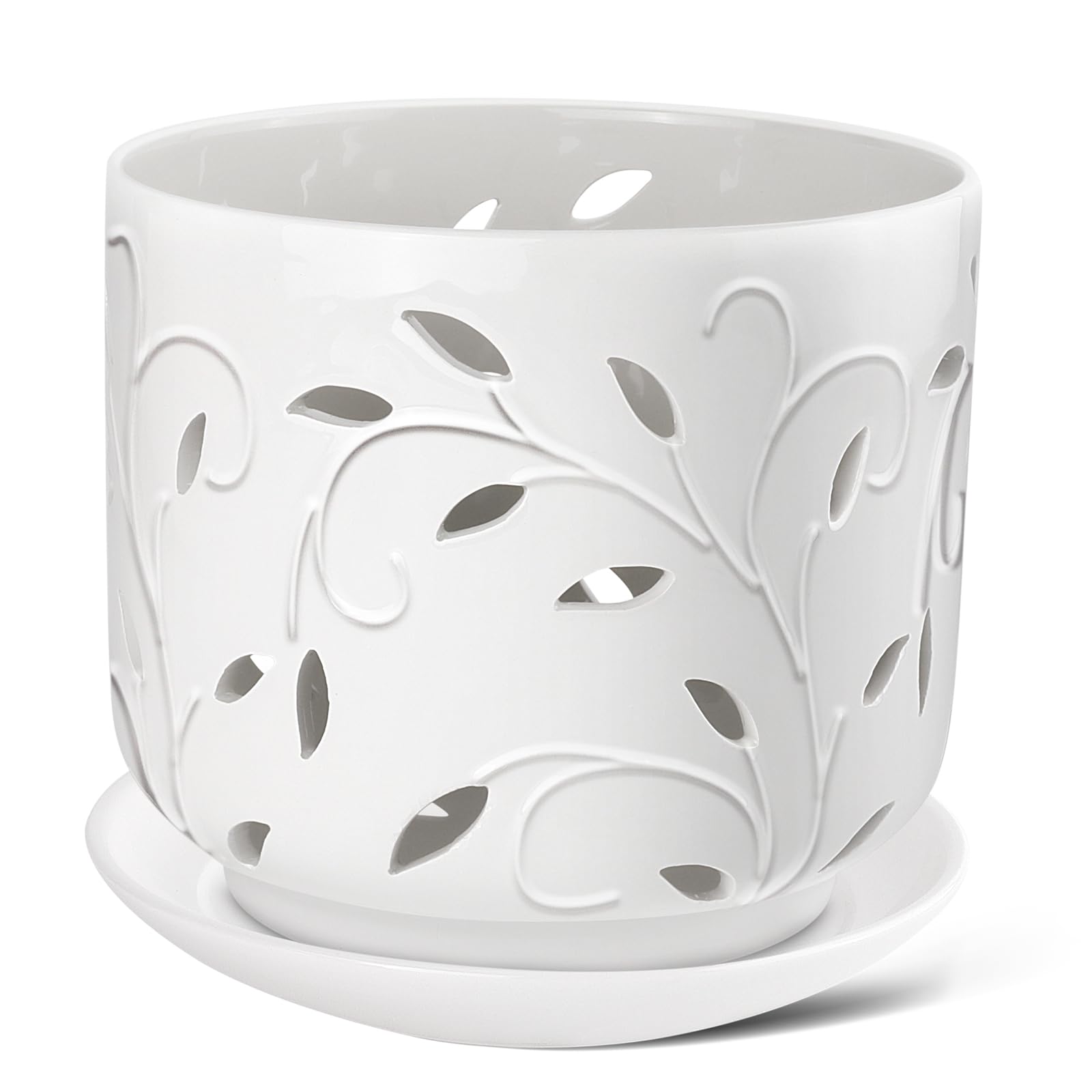 EFISPSS front view of packaged white ceramic pot showing premium presentation
