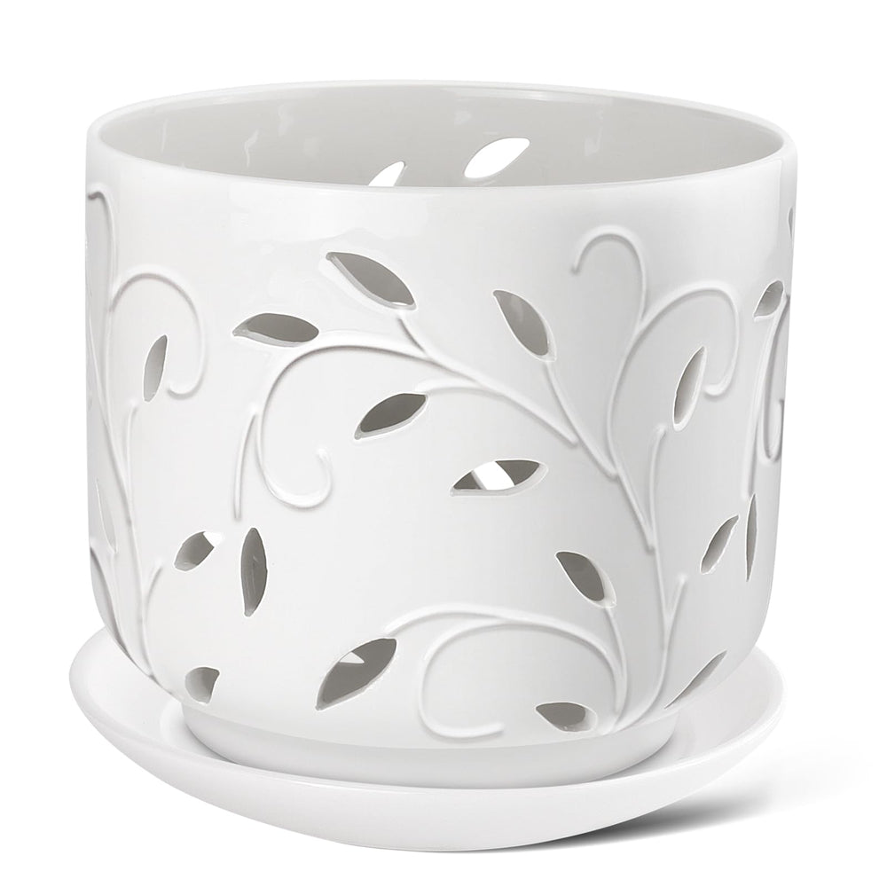 EFISPSS front view of packaged white ceramic pot showing premium presentation