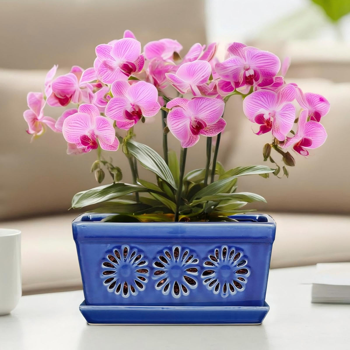 EFISPSS front view blue orchid pot showcasing elegant shape and visual appeal