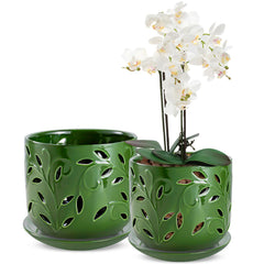 EFISPSS front view of green ceramic orchid pot showing elegant shape and airflow