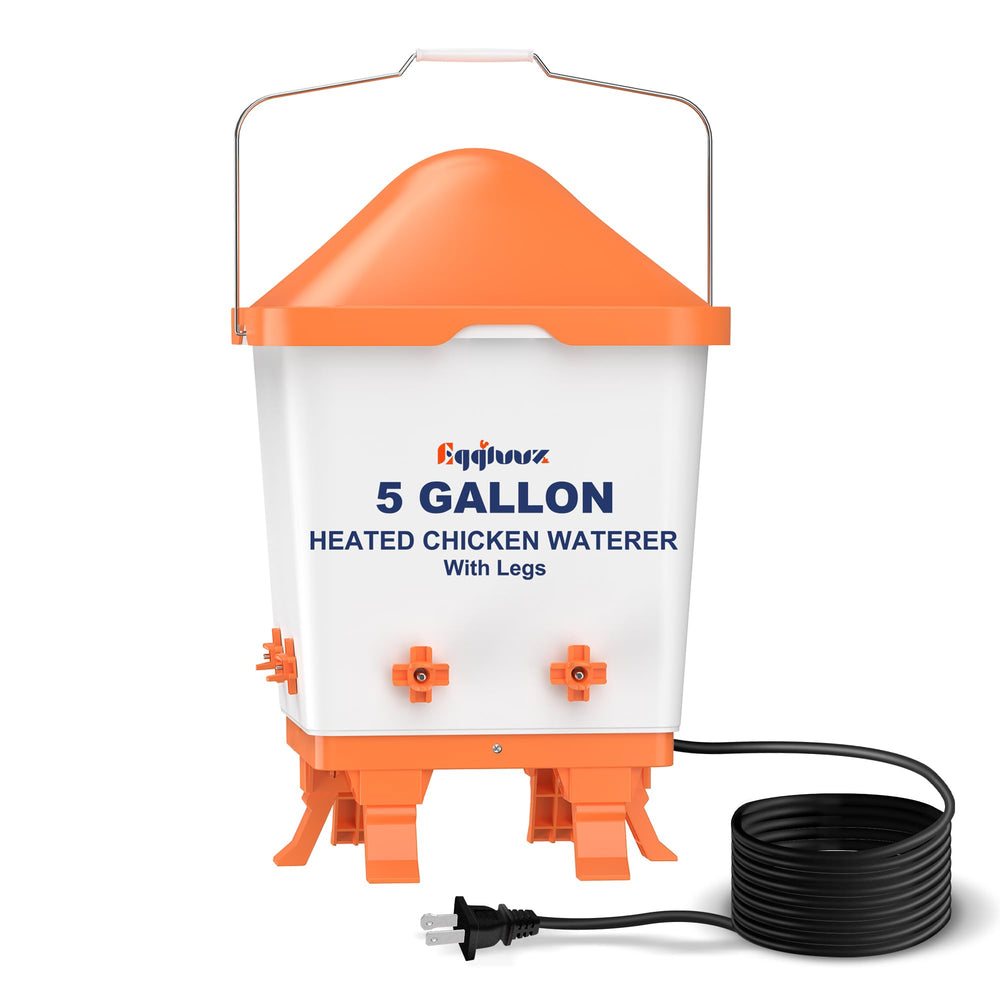 Eggluuz front view of 5-gallon heated waterer showing stable base and large capacity for continuous supply