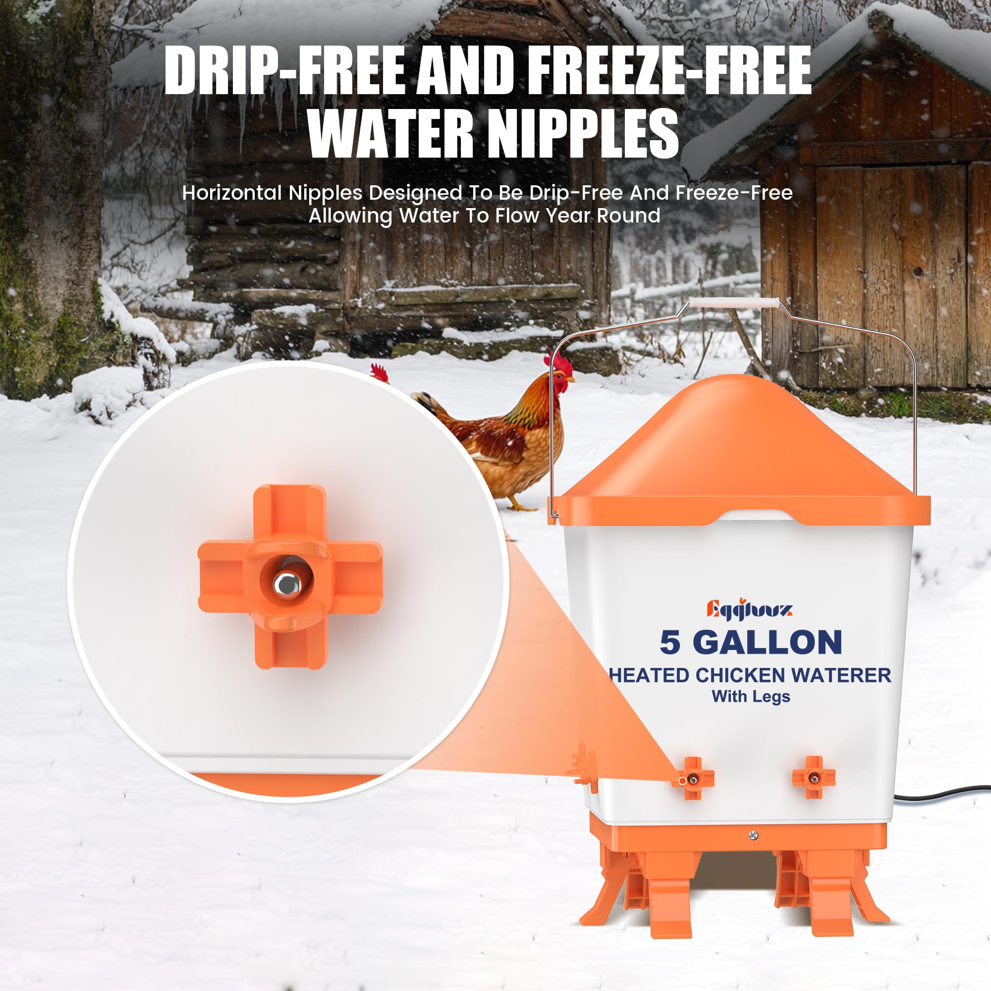 Eggluuz installed inside a chicken coop with hens drinking, illustrating winter-ready setup and protection