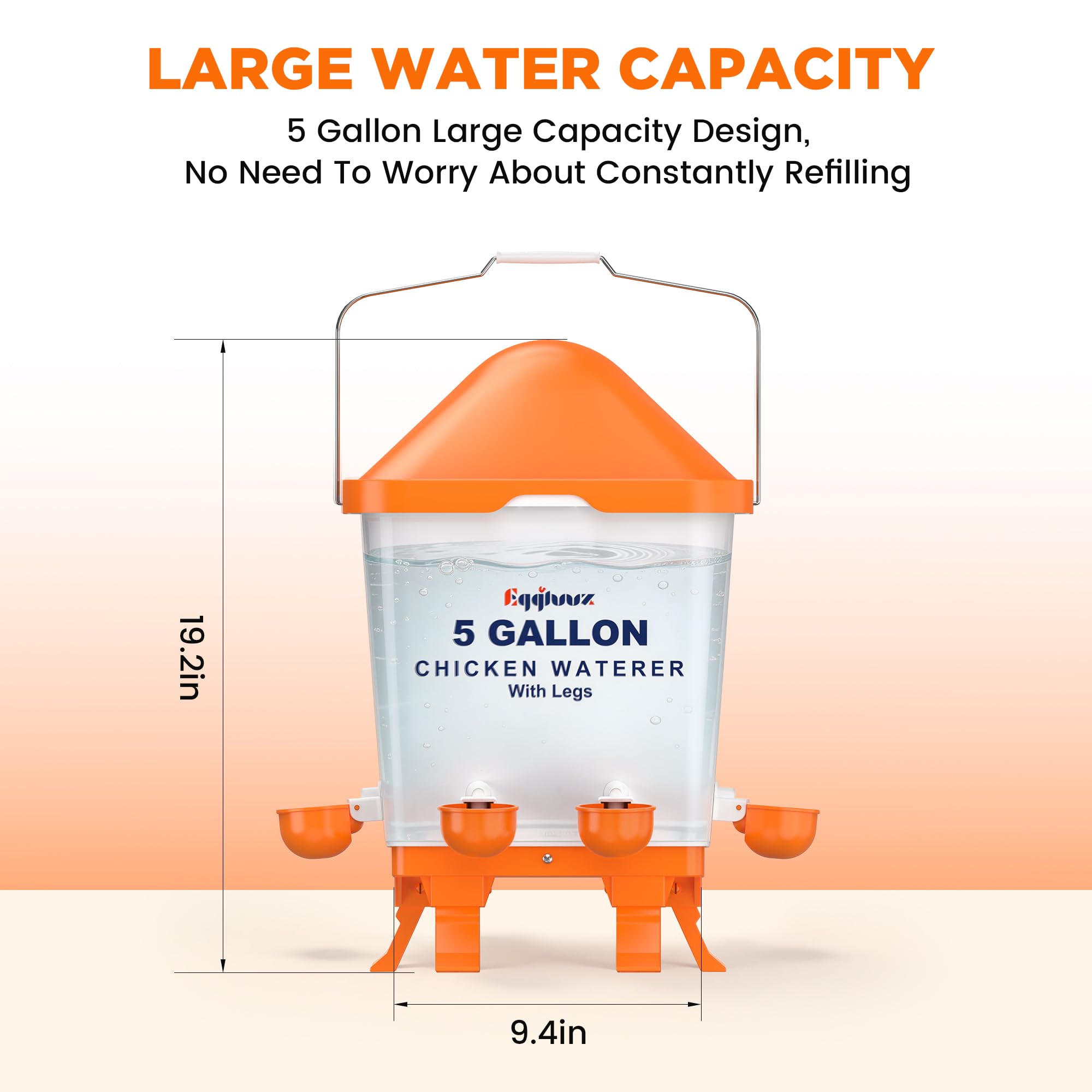 Eggluuz next to a measuring stick showing five-gallon scale for fewer refills