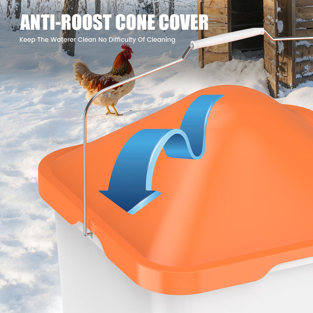 Eggluuz waterer next to a chicken showing scale and how the design fits typical backyard birds