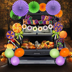 EggSun balloons and paper fans arrangement adding volume and festive motion