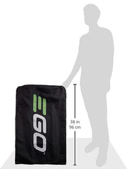 EGO CM001 on folded mower in garage demonstrates compact, secure storage