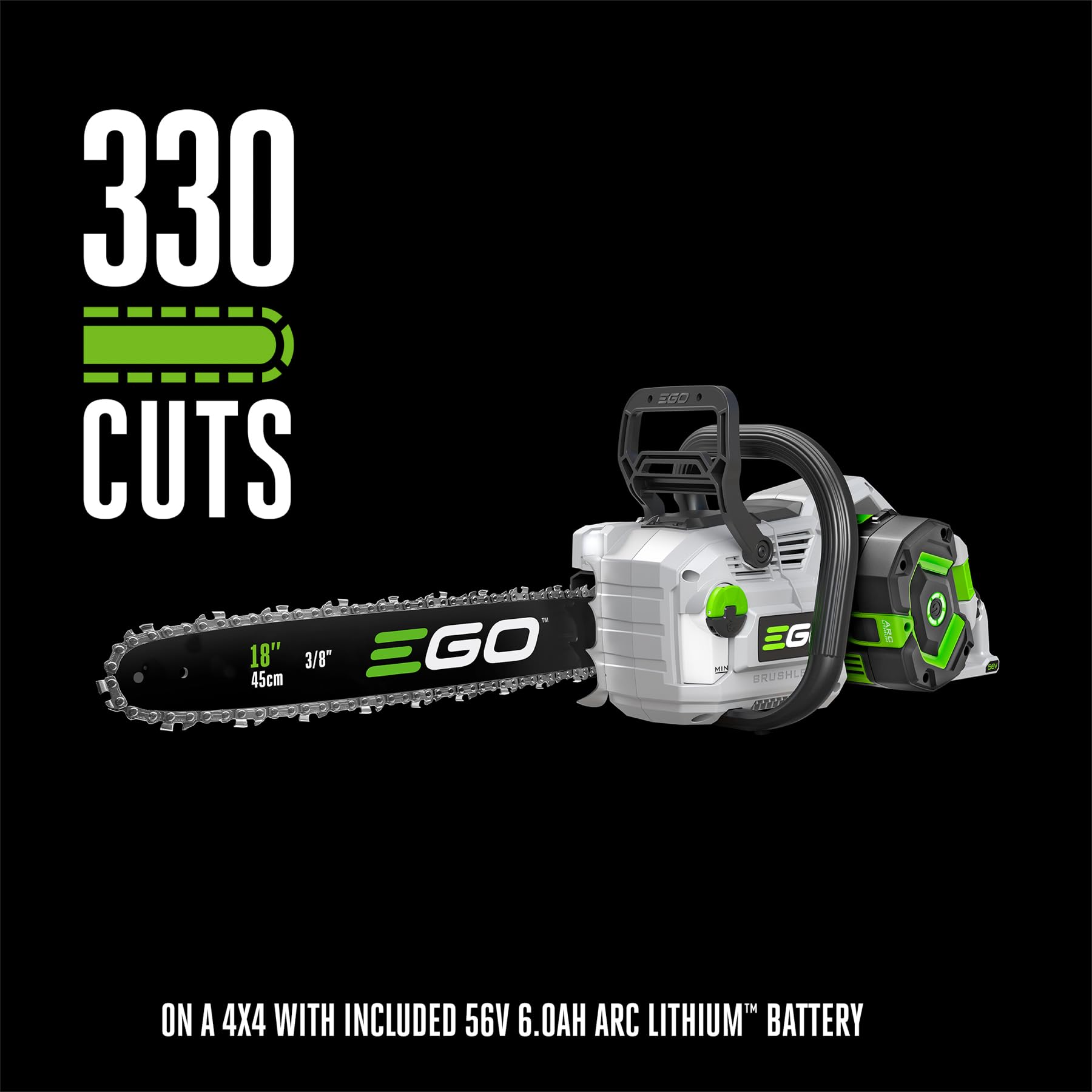 EGO POWER+ 18-inch bar and chain detail emphasizing aggressive cutting teeth