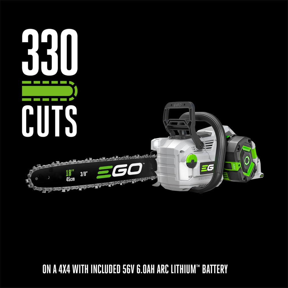 EGO POWER+ 18-inch bar and chain detail emphasizing aggressive cutting teeth