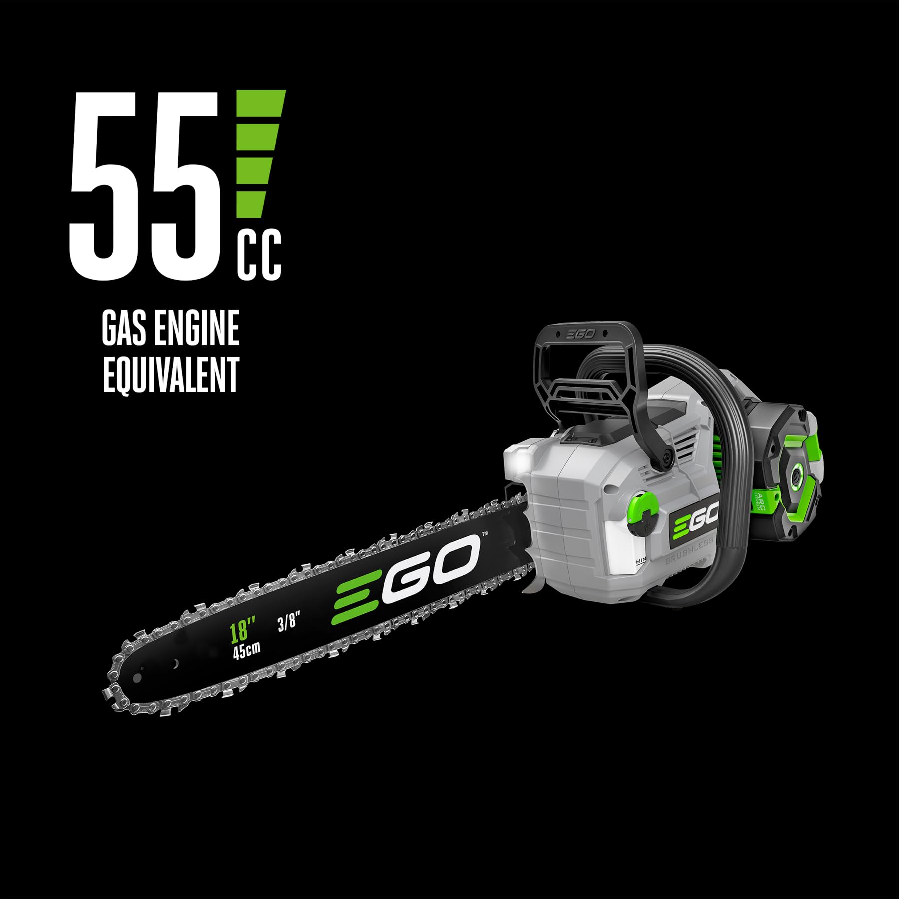 EGO POWER+ chainsaw digital display closeup showing battery and speed info