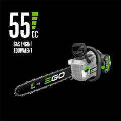 EGO POWER+ chainsaw digital display closeup showing battery and speed info
