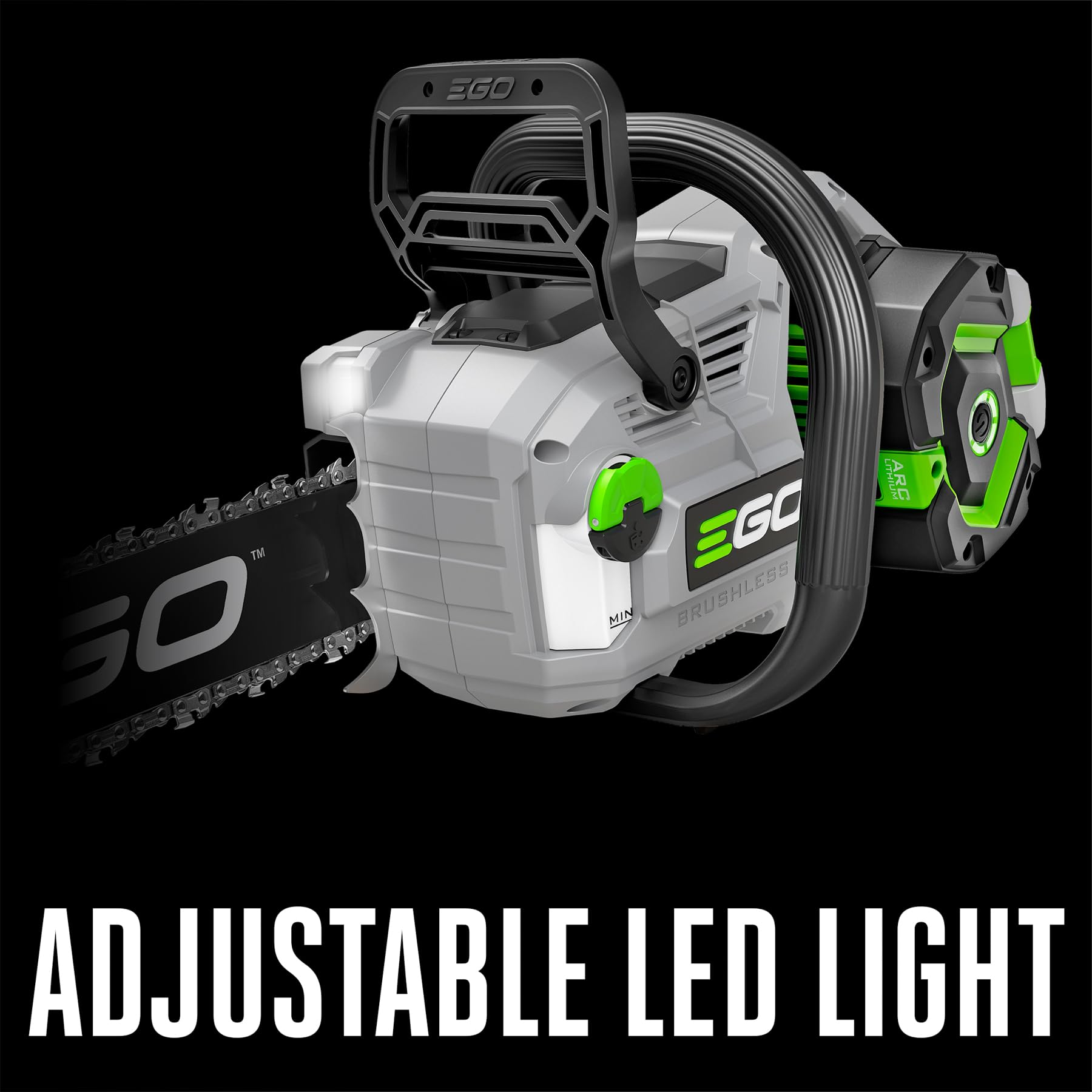 EGO POWER+ adjustable LED work light illuminating a cutting line for safety