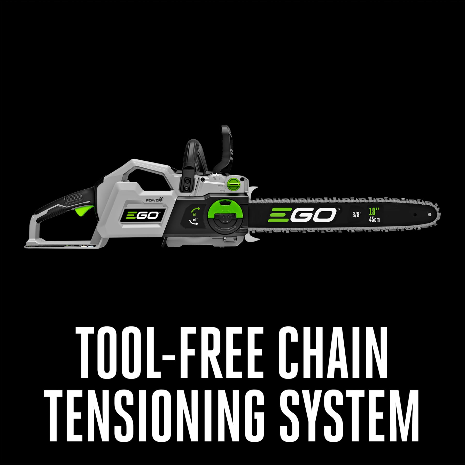 EGO POWER+ chainsaw with 56V 6.0Ah battery installed for long runtime