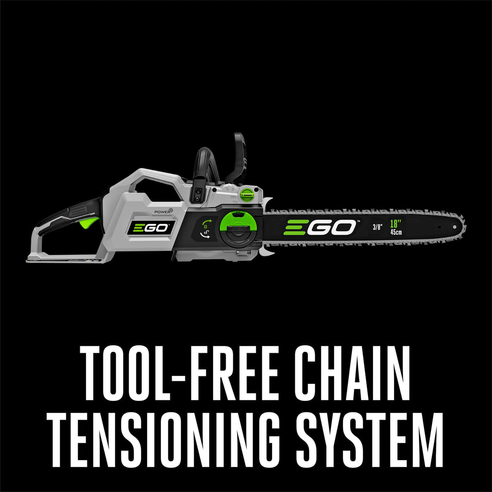EGO POWER+ chainsaw with 56V 6.0Ah battery installed for long runtime